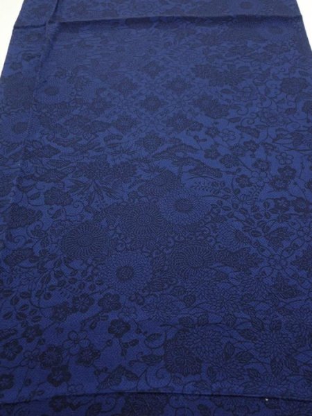 Photo1: 2J01z60  Japanese Kimono Crepe Silk  FABRIC Flowers Indigo 37.8x15.0 (1)