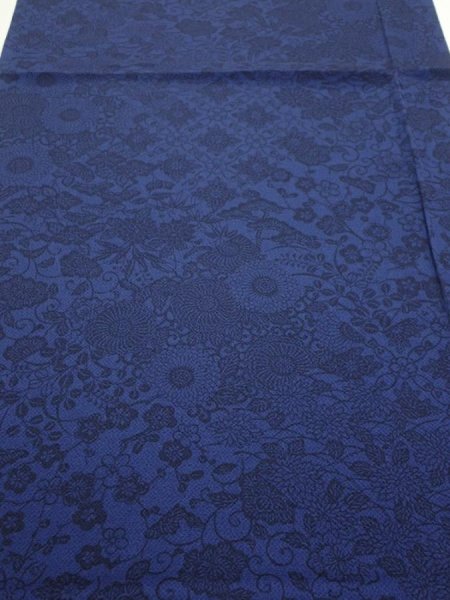 Photo1: 2J02z60  Japanese Kimono Crepe Silk  FABRIC Flowers Indigo 38.6x15.0 (1)