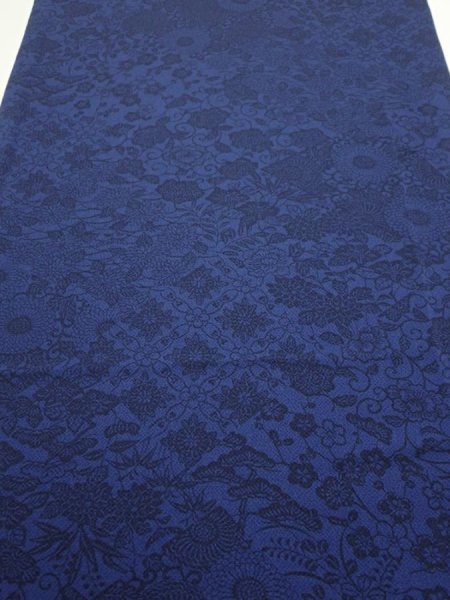 Photo1: 2J06z  Japanese Kimono Crepe Silk  FABRIC Flowers Indigo (1)