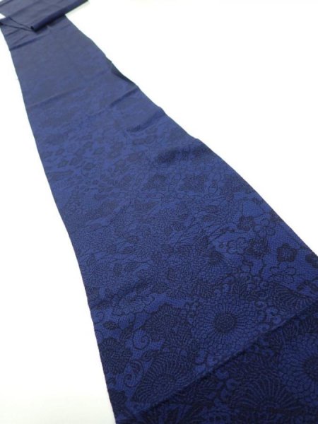 Photo1: 2J09z70  Japanese Kimono Crepe Silk  FABRIC Flowers Indigo 85.8x7.3 (1)