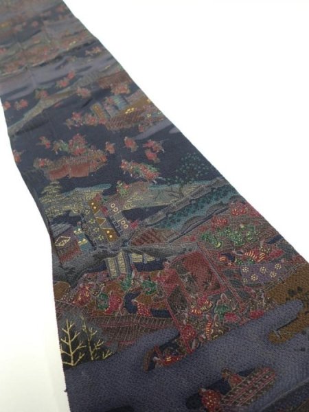 Photo1: 2i10z40  Japanese Kimono Crepe Silk  FABRIC Edo era Dark navy 37.8x6.9 (1)