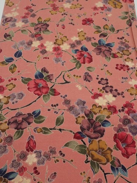 Photo1: 2i01z  Japanese Kimono Crepe Silk  FABRIC Camellia Coral pink (1)