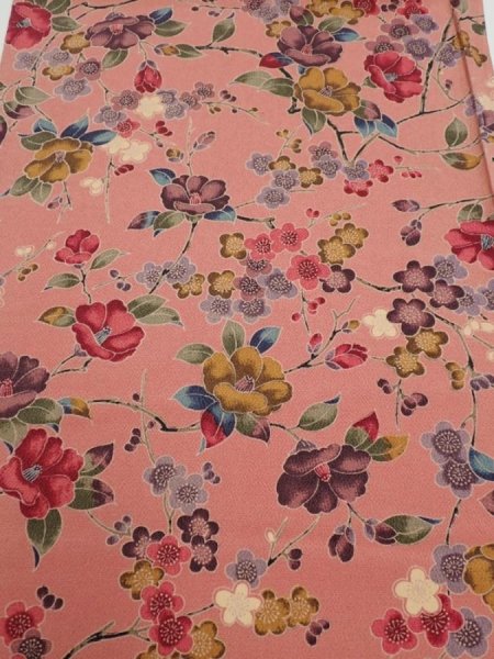 Photo1: 2i02z  Japanese Kimono Crepe Silk  FABRIC Camellia Coral pink (1)