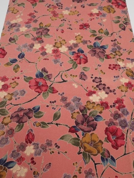 Photo1: 2i03z  Japanese Kimono Crepe Silk  FABRIC Camellia Coral pink (1)