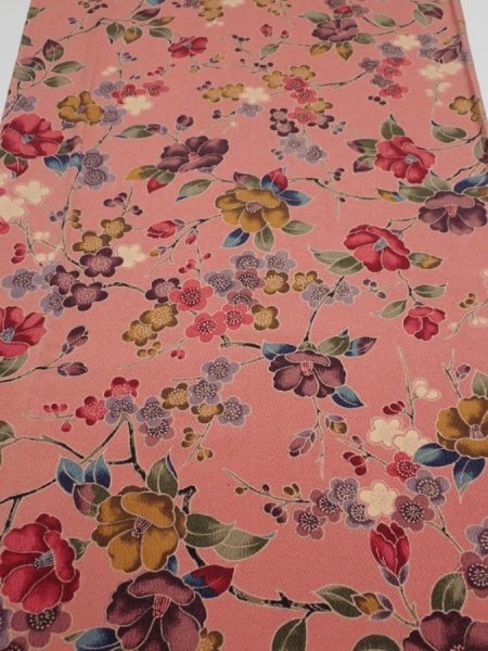 Photo1: 2i05z  Japanese Kimono Crepe Silk  FABRIC Camellia Coral pink (1)