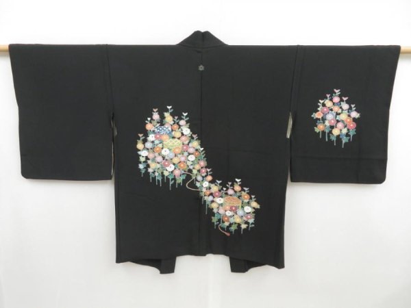 Photo1: 4323T02z570 Vintage Japanese Kimono Silk HAORI Chrysanthemum Black (1)