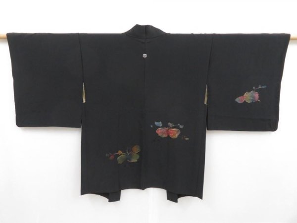 Photo1: 4323T06z570 Vintage Japanese Kimono Silk HAORI Paulownia Black (1)