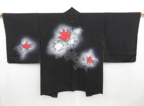 Photo1: 4323T08z610 Vintage Japanese Kimono Silk HAORI Hydrangea Black (1)