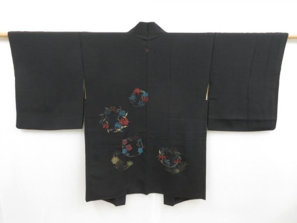 Photo1: 4323T10z560 Vintage Japanese Kimono Silk HAORI Chrysanthemum Black (1)