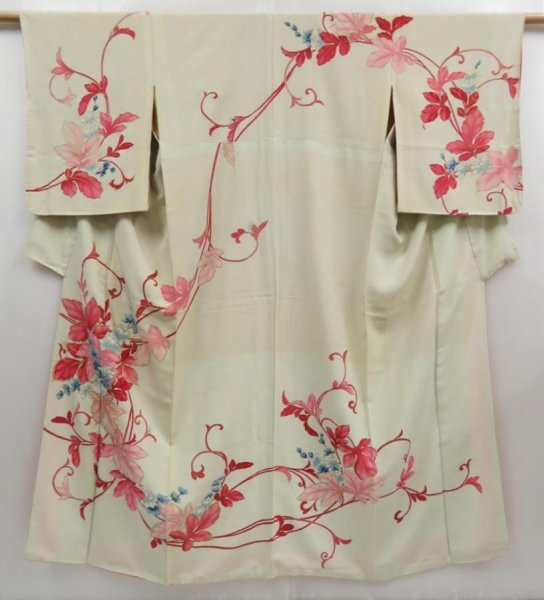 Photo1: 4323T13z860 Vintage Japanese Kimono Silk TSUKESAGE Flower Soft green (1)