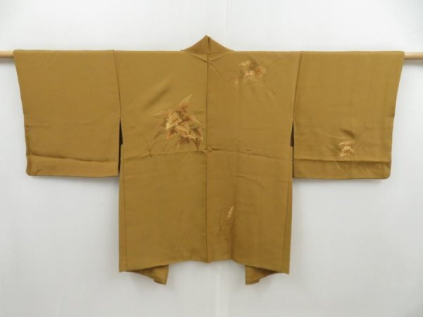 Photo1: 4324T05z620 Vintage Japanese Kimono Silk HAORI Leaf Yellow ochre (1)