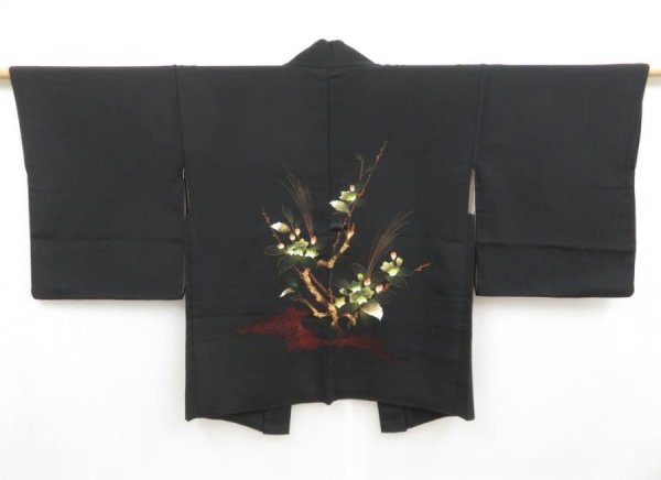 Photo1: 4324T08z560 Vintage Japanese Kimono Silk HAORI Sakura Black (1)