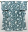 Photo1: 4325T06z890 Vintage Japanese Kimono Silk KOMON Leaf Dull cyan (1)