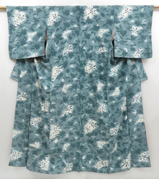 Photo1: 4325T06z890 Vintage Japanese Kimono Silk KOMON Leaf Dull cyan (1)