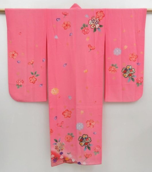 Photo1: 4325T09z680  Japanese Kimono Synthetic Girl's  Flowers Red-Pink (1)