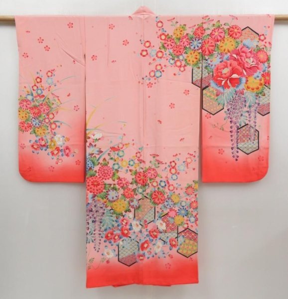 Photo1: 4325T10z710 Vintage Japanese Kimono Silk Girl's  Peony Pink (1)