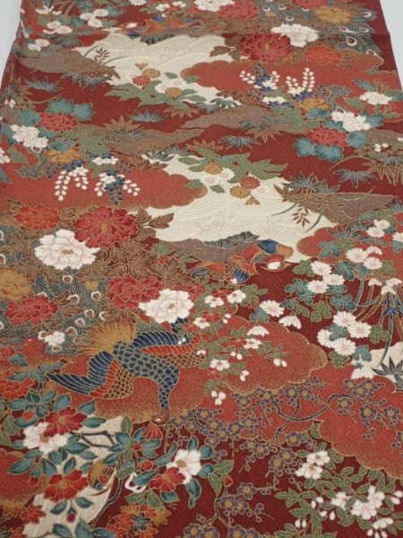 Photo1: 2K01z60  Japanese Kimono Silk  FABRIC Peacock Red-Brown 40.2x14.6 (1)