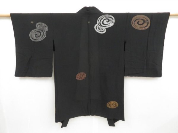 Photo1: 4326T04z330 Vintage Japanese Kimono Silk HAORI Ripple Black (1)