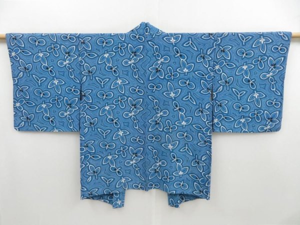 Photo1: 4326T08z610 Vintage Japanese Kimono Silk HAORI Leaves Blue (1)