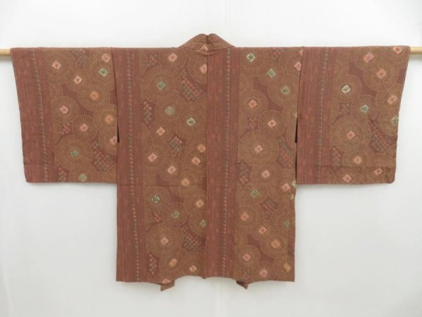 Photo1: 4326T10z590 Vintage Japanese Kimono Silk HAORI  Brown Shibori (1)