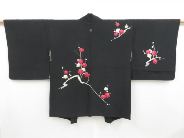 Photo1: 4326T14z620 Vintage Japanese Kimono Silk HAORI Plum blossom Black (1)