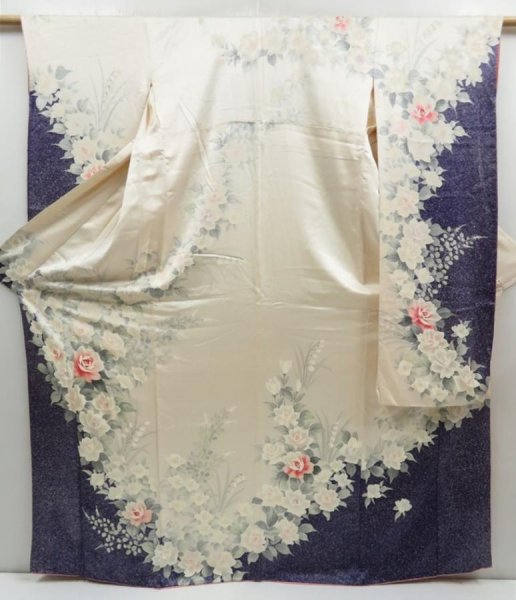 Photo1: 4331T02z1130 Vintage Japanese Kimono Silk FURISODE Rose Off-white (1)