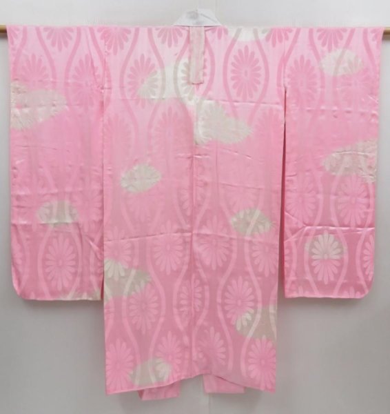 Photo1: 4331T03z680 Vintage Japanese Kimono Silk JUBAN Chrysanthemum Pink (1)