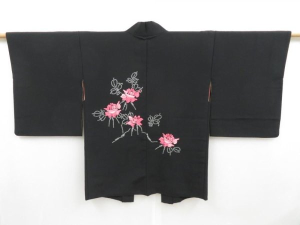 Photo1: 4401T05z590 Vintage Japanese Kimono Silk HAORI Flower Black (1)