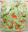 Photo1: 4402T02z1170 Vintage Japanese Kimono Silk FURISODE Peony Pistachio green (1)