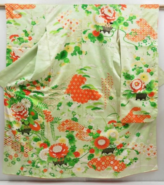 Photo1: 4402T02z1170 Vintage Japanese Kimono Silk FURISODE Peony Pistachio green (1)