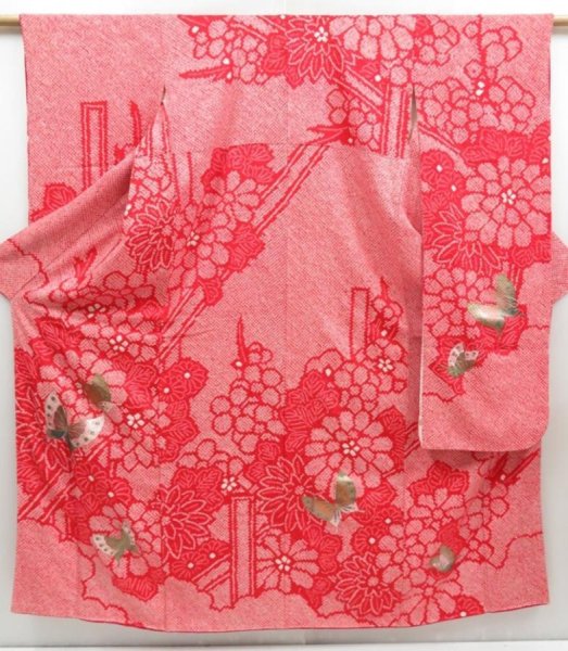 Photo1: 4402T11z1290 Vintage Japanese Kimono Silk FURISODE Chrysanthemum Red (1)