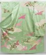 Photo1: 4405T03z1080 Vintage Japanese Kimono Silk FURISODE Flying crane Pistachio green (1)