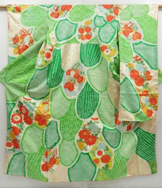 Photo1: 4405T09z1020 Vintage Japanese Kimono Silk FURISODE Chrysanthemum Light green (1)