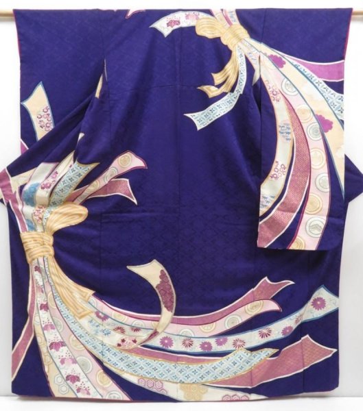 Photo1: 4405T10z1000 Vintage Japanese Kimono Silk FURISODE Tabane-noshi Purple (1)