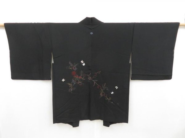 Photo1: 4407T05z580 Vintage Japanese Kimono Silk HAORI Flowers Black (1)