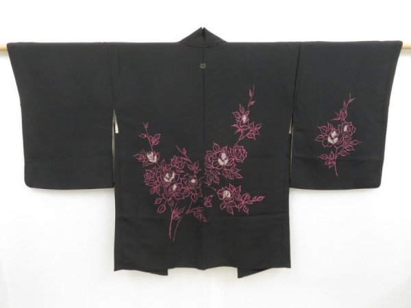 Photo1: 4407T10z550 Vintage Japanese Kimono Silk HAORI Rose Black (1)