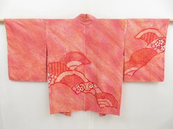 Photo1: 4408T07z440 Vintage Japanese Kimono Silk SHIBORI HAORI  Orange-Red (1)