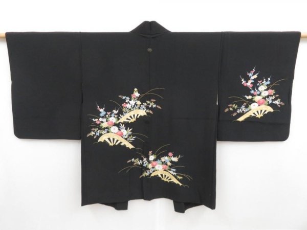 Photo1: 4408T08z500 Vintage Japanese Kimono Silk HAORI Chrysanthemum Black (1)