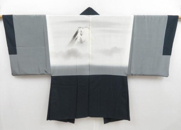 Photo1: 4409T01z660 Vintage Japanese Kimono Blend silk Men's HAORI Mt.Fuji Dark navy (1)