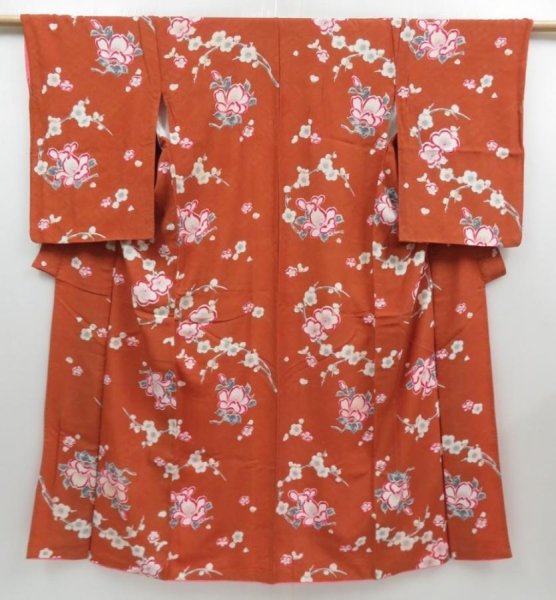 Photo1: 4409T13z760 Vintage Japanese Kimono Jinken KOMON Plum blossom Orange-Brown (1)