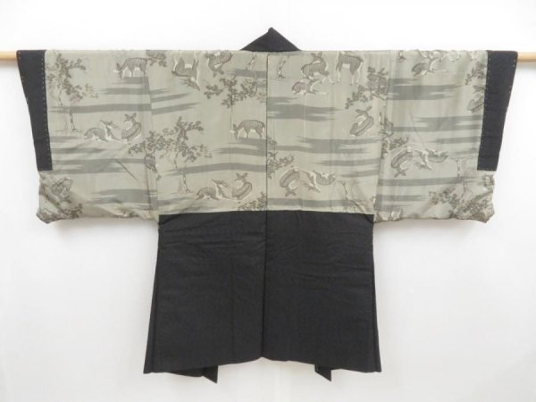 Photo1: 4420T11z420 Vintage Japanese Kimono Silk Men's HAORI Deer Dark gray (1)