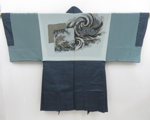 Photo1: 4421T07z610 Vintage Japanese Kimono Silk Men's HAORI Dragon Blue-Gray (1)