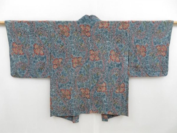 Photo1: 4421T08z500 Vintage Japanese Kimono Silk HAORI Flowers Steel blue (1)