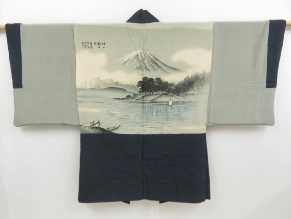 Photo1: 4421T10z700 Vintage Japanese Kimono Silk Men's HAORI Mt.Fuji Dark navy (1)