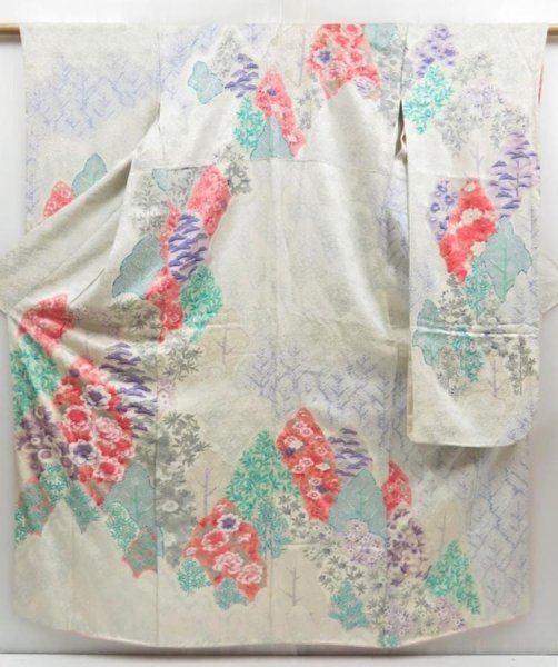 Photo1: 4421T13z960 Vintage Japanese Kimono Silk FURISODE Flowers Off-white (1)