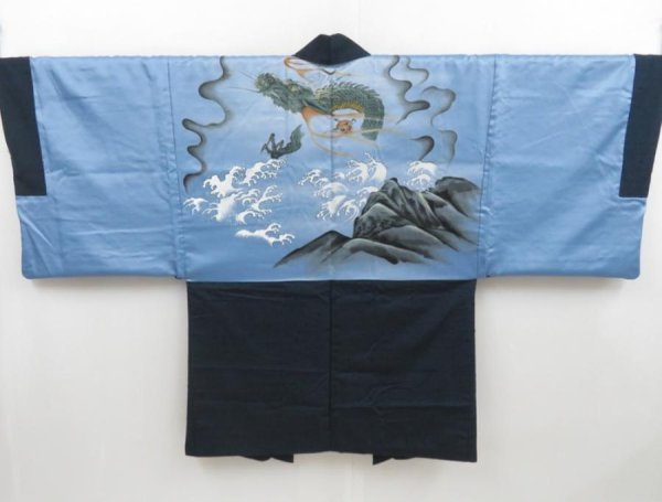 Photo1: 4423T01z660 Vintage Japanese Kimono Silk Men's HAORI Dragon Dark navy (1)