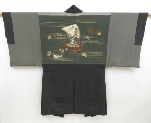 Photo1: 4423T07z460 Vintage Japanese Kimono Silk Men's HAORI Treasure Ship Dark brown (1)