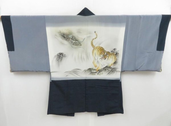 Photo1: 4423T13z580 Vintage Japanese Kimono Silk Men's HAORI Tiger Navy-Gray (1)