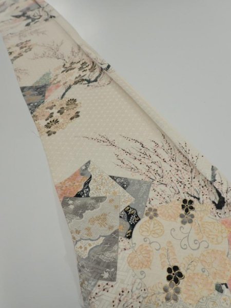 Photo1: 4A07z50  Japanese Kimono Silk  FABRIC Plum tree Off-white 59.1x7.5 (1)