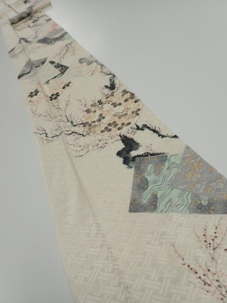 Photo1: 4A09z60  Japanese Kimono Silk  FABRIC Plum tree Off-white 80.3x6.7 (1)